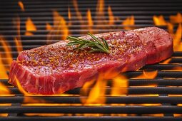 Tri tip steak with rosemary and spices on a flaming barbecue