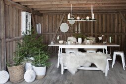 Weisser Tisch und Bank mit weissen Schaffellen, seitlich grüne Tannenbäumchen mit Übertöpfen in einem Holzhaus