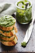 Wild garlic pesto with slices of baguette