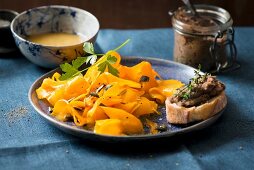 Pumpkin salad and baguette with tapenade