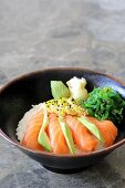 Salmon sashimi with takuan