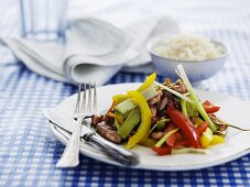 Beef with a pepper medley and rice