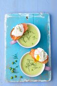 Cream of pea soup with smoked salmon crostini with poached egg