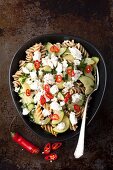 Wholemeal pasta with courgette, chilli and feta cheese