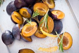 Damsons with rosemary, lemon zest and brown sugar