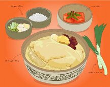 Samgyetang (Hühnersuppe mit Ingwer, Korea, Illustration)