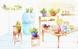 An illustration of food and shopping in a kitchen