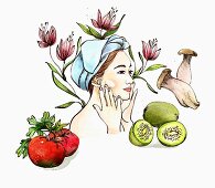 Woman applying moisturiser surrounded by ingredients for natural cosmetics (illustration)