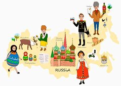 An illustration of Russia featuring typical attractions on a map