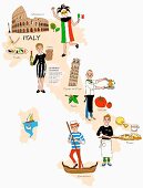 An illustration of Italy featuring typical attractions on a map