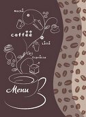 A cafe menu illustrated with coffee cups and various types of coffee