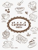 A cafe menu illustrated with coffee, cakes and snacks
