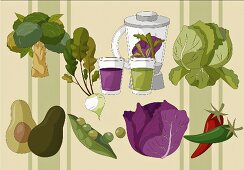 Various types of vegetables and a mixer with vegetable drinks (illustration)