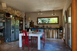 Dining area and DIY counter in eclectic kitchen