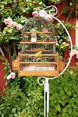 Antique birdcage hung from vintage metal stand in front of rose climbing on red house façade