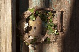 Autumnal wreath of ivy, sea lavender and travellers' joy on weathered wooden door