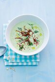 Cold cucumber soup with dried tomatoes and dill