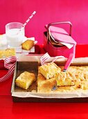 Blondies with white chocolate and macadamia nuts on baking tray