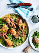 Roasted quail with peas, bacon and mint