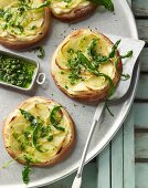 Mini potato pizzas with roasted dandelion pesto