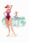 A woman in a bathing suit posing on a beach with a man surfing in the background (illustration)
