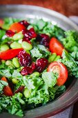 Gemischter Blattsalat mit Tomaten, Smoothie und getrockneten Cranberries