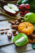 An arrangement of fruit, vegetables and nuts