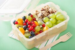 A lunch box with fruit salad and nut bars