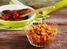 Spicy white cabbage and sweet corn relish with peppers