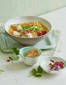 Miso soup with tofu and a duo of lentils