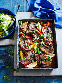 Greek lamb chops with roast vegetable and kritharaki