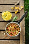 Mushroom ragout with chanterelle mushrooms in a saucepan outside (seen from above)