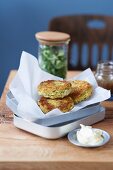 Chickpea fritters with lemon sour cream and lamb's lettuce