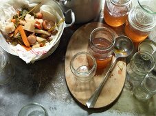 Homemade vegetable stock in jars