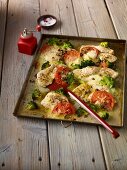 Turkey escalope on a baking tray with broccoli and tomatoes