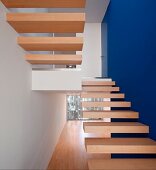 Minimalist staircase with cantilever wooden treads and one wall painted royal blue