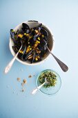 Mussels in a pumpkin and apple broth with ginger gemolate