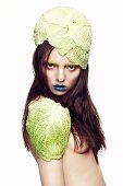 A woman with cabbage leaves on her head and shoulders
