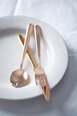 Copper-coloured cutlery on a white plate