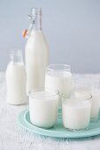 Veganer Milchersatz in Gläsern und Flaschen