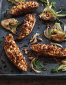 Oven-baked sweet potatoes with macadamia nut crumble