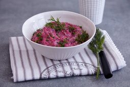 A beetroot dip with goat's cheese and dill