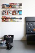 Kleiner, schwarzer Hund auf grauem Boden, an Wand mit Zeitschriftenhalter, seitlich teilweise sichtbare Couch