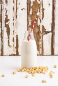 Cashew nuts and a bottle of cashew milk with a straw