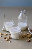 Brazil nut milk in small glasses and a milk bottle with scattered Brazil nuts