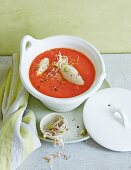 Cream of tomato soup with ricotta dumplings and bean sprouts