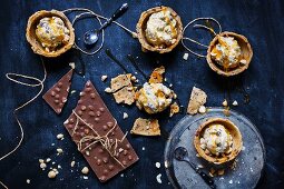 White chocolate ice cream in chocolate chip cookie bowls