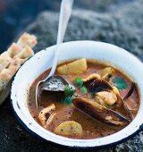 Mussel soup with curry and potatoes