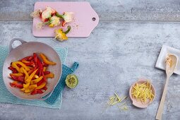 An arrangement of ingredients for a stir-fry