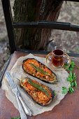 Karniyarik (stuffed aubergines with minced lamb, tomatoes and green chillis, Turkey)